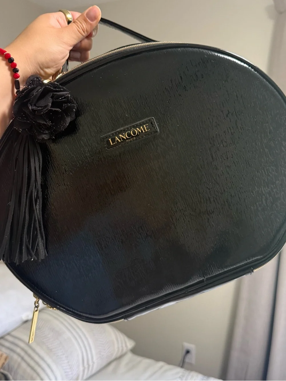 Lancome Black Patent Round Cosmetic Case with Top Handle